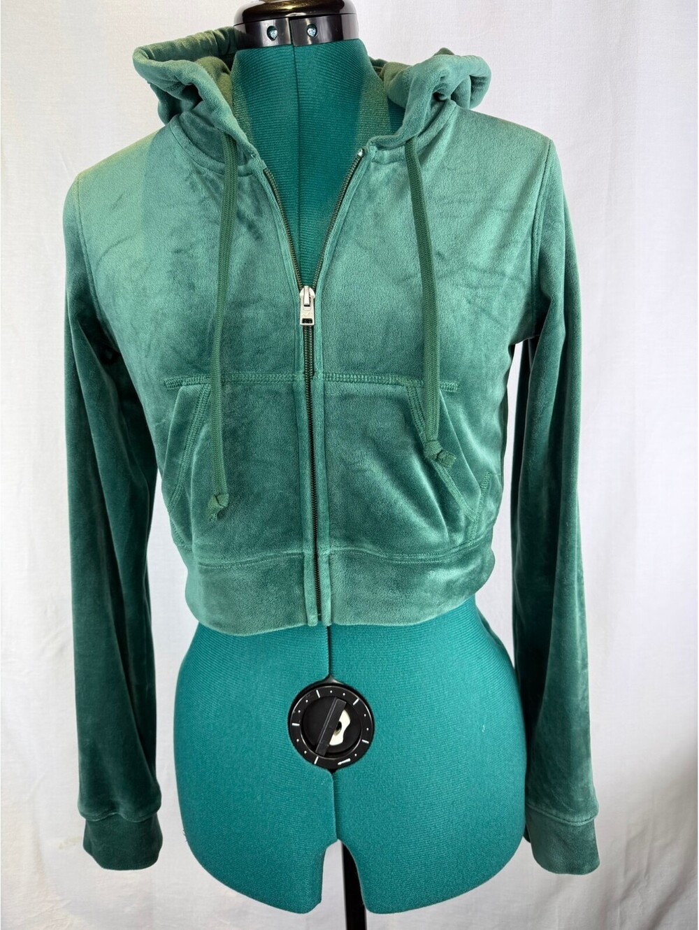 Hollister Women’s XS Forest Green Velour Cropped Full-Zip Hoodie